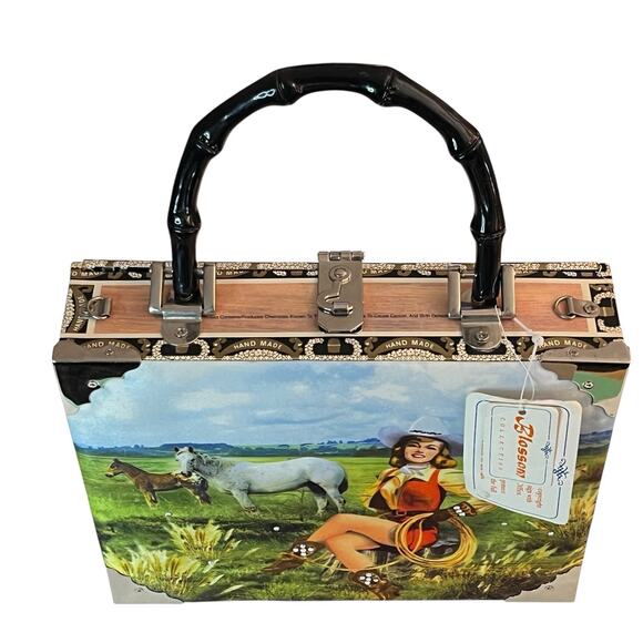 Vintage Blossom Cowgirl Horse Western Cigar Box Purse Handbag Top Handle - Picture 3 of 15